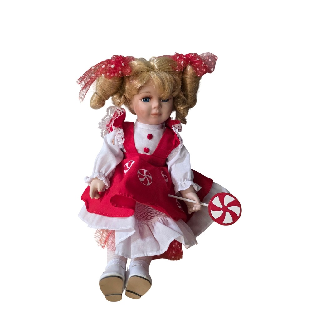 Vintage Porcelain Doll‎ Red Candy Cane Dress Blue Eyes Lollipop Prop 13" inches